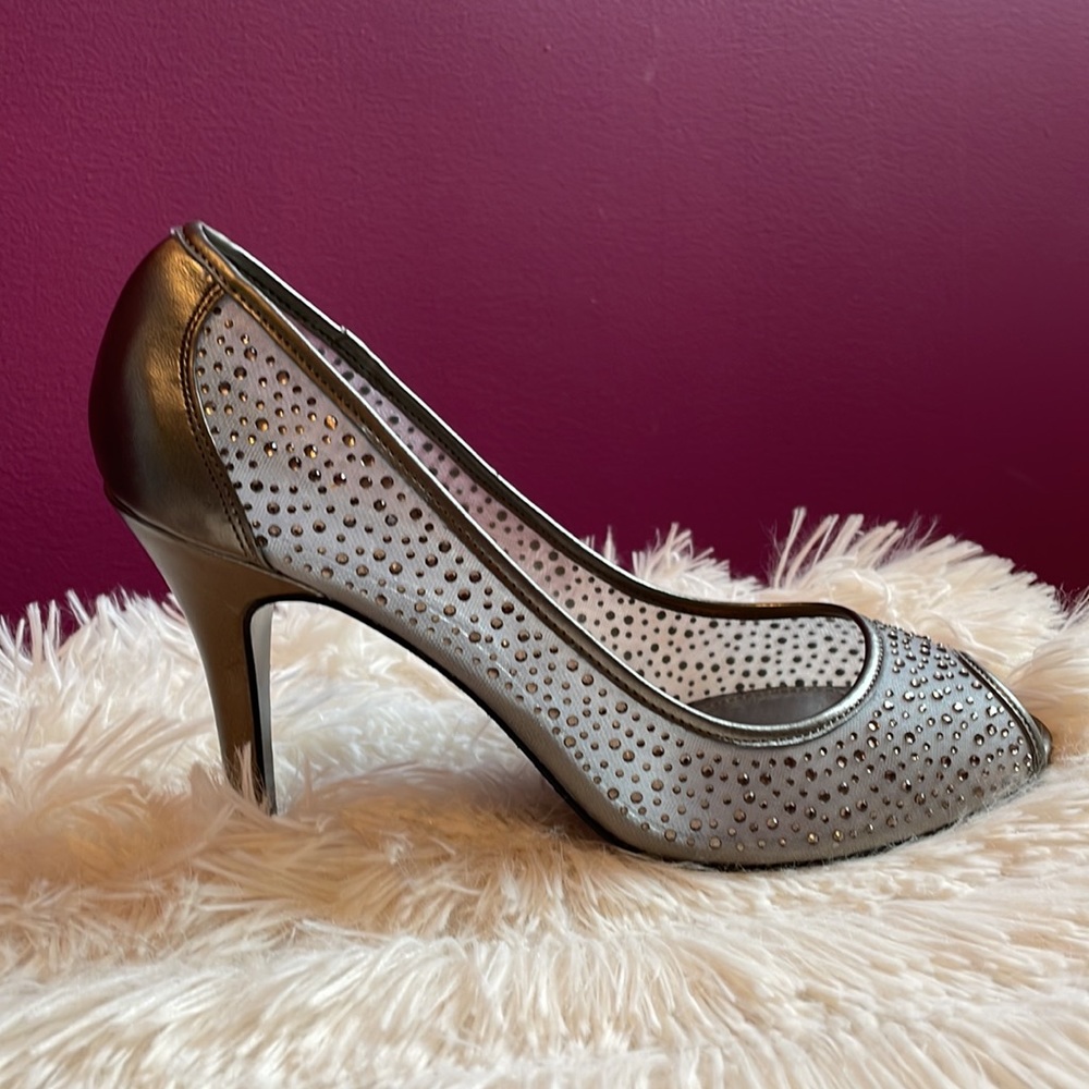 SOLD - Adrianna Papell Peep Toe Silver Heels
